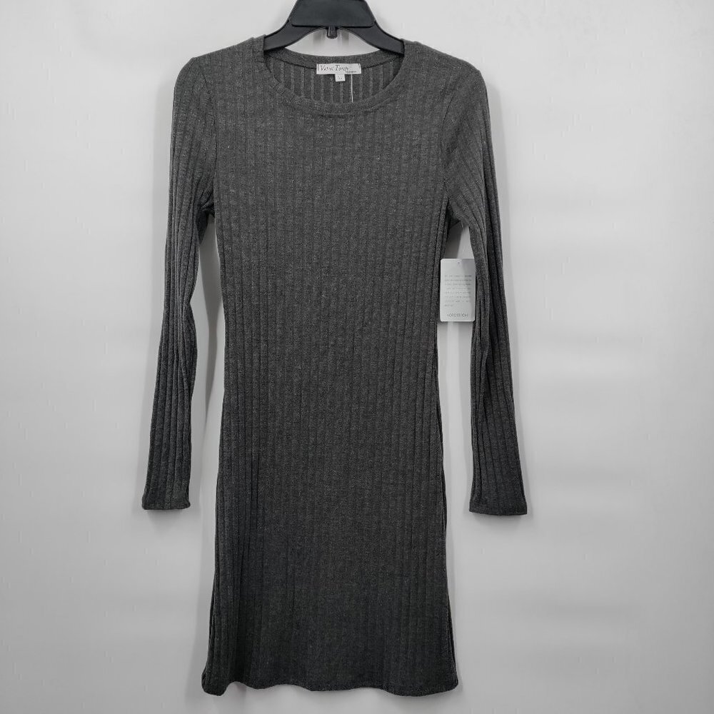 New Velvet Torch Knit Long Sleeve Ribbed Bodycon Mini Dress Large Women Gray